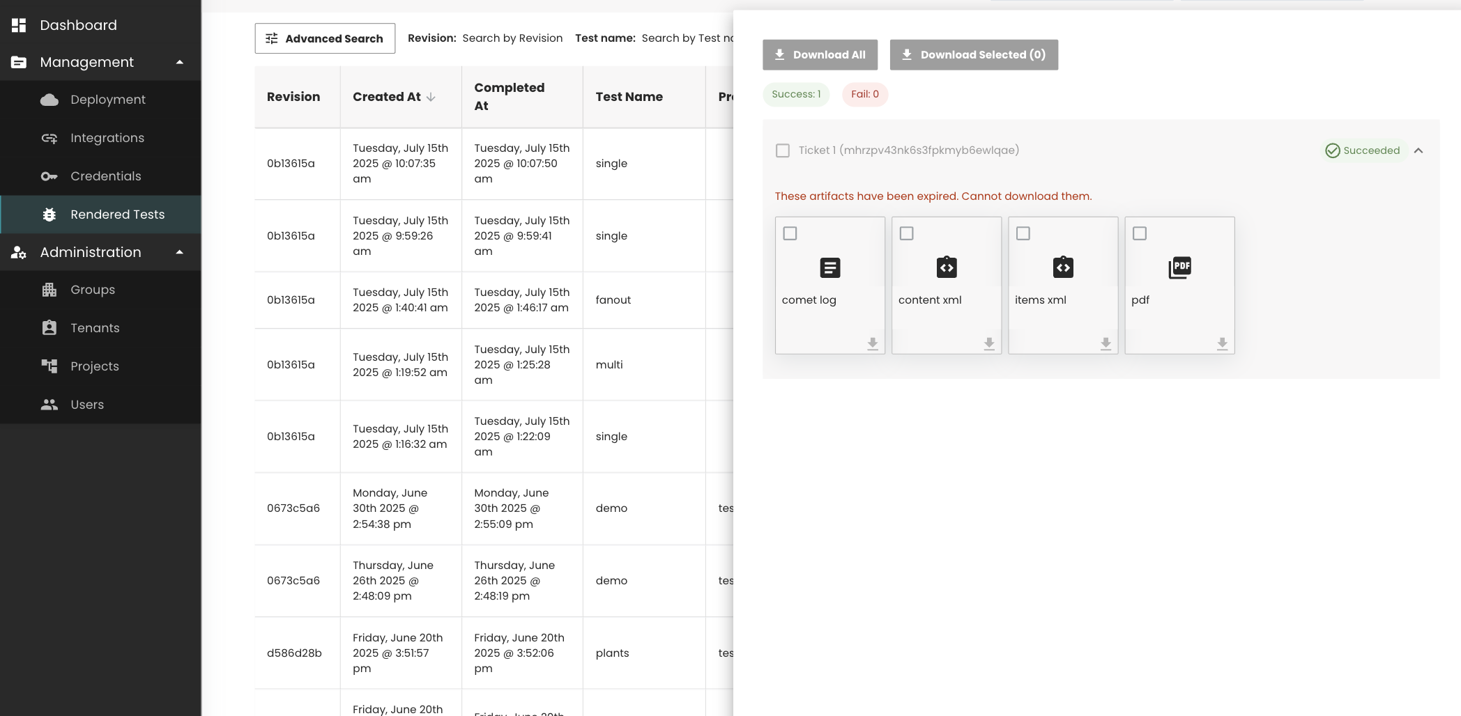 Rendered Tests artifacts